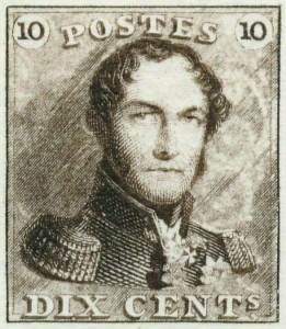 1 er timbre belge (10 cent) à l’effigie de Léopold I er , dessin de Jacob Wiener