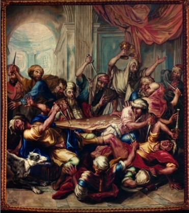 Frans Van der Borght, tapisserie représentant la profanation des hosties dans la synagogue de Bruxelles, 1770 - collection de la Cathédrale Saints-Michel-et-Gudule © Institut Royal du Patrimoine artistique, Bruxelles